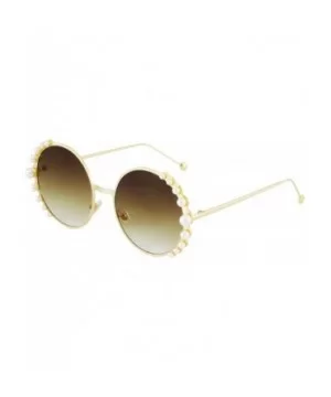 Fashion Round Pearl Decor Metal Frame Women's Sunglasses UV Protection - Blue and Brown - CT18TLQ4NGH $14.00 Shield