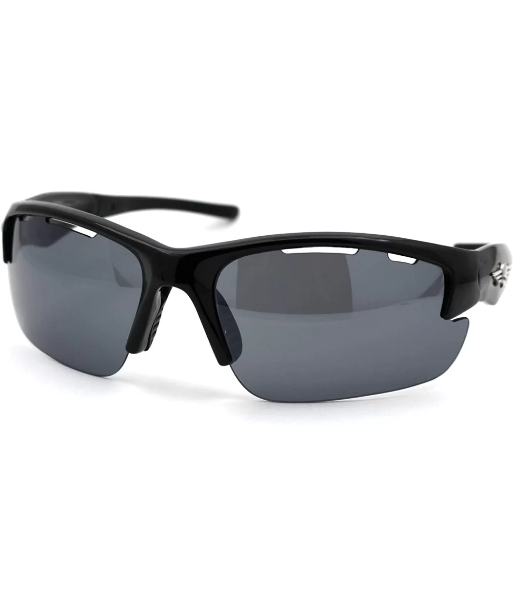 Skull Emblem Classic Retro Baseball Half Rim Sport Sunglasses - Shiny Black - C218WI3ZR2T $8.29 Sport