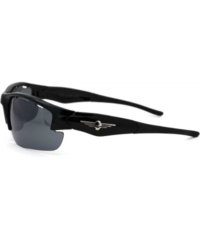 Skull Emblem Classic Retro Baseball Half Rim Sport Sunglasses - Shiny Black - C218WI3ZR2T $8.29 Sport