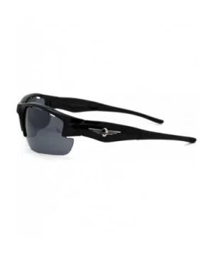 Skull Emblem Classic Retro Baseball Half Rim Sport Sunglasses - Shiny Black - C218WI3ZR2T $8.29 Sport