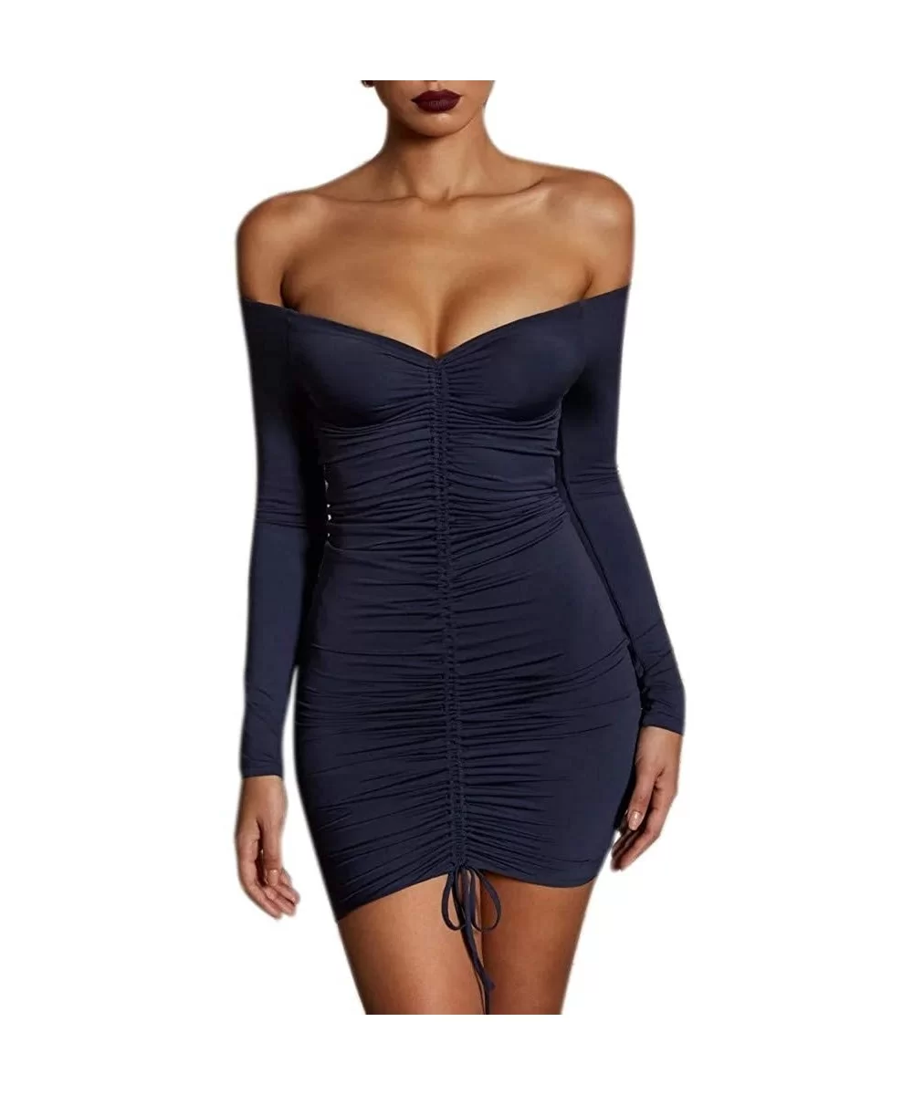 Womens Dresses-Ladies Sexy V-Neck Bodycon Short Mini Dress Long Sleeve Cocktail Party Dress - Dark Blue - CN18O9M88SH $10.98 ...