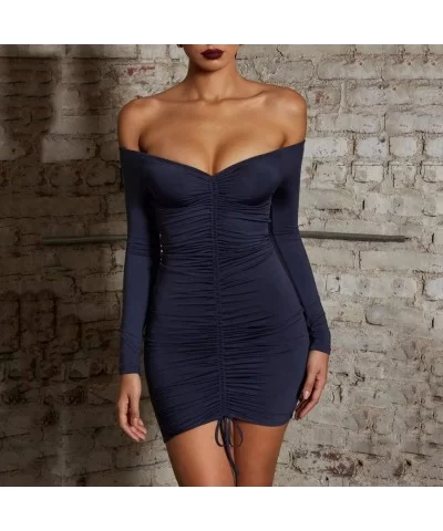 Womens Dresses-Ladies Sexy V-Neck Bodycon Short Mini Dress Long Sleeve Cocktail Party Dress - Dark Blue - CN18O9M88SH $10.98 ...