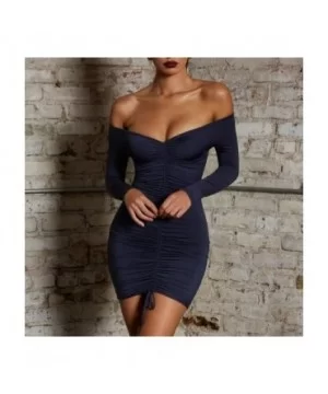 Womens Dresses-Ladies Sexy V-Neck Bodycon Short Mini Dress Long Sleeve Cocktail Party Dress - Dark Blue - CN18O9M88SH $10.98 ...