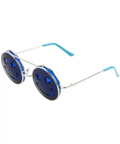 Round Happy Face Star Eyes Flip Up Shield Round Sunglasses - Blue - C21903S736A $11.96 Shield