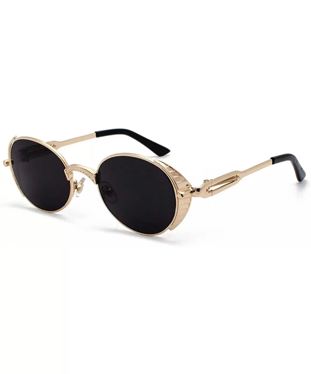 Steampunk Round Sunglasses Women Retro Metal Oval Vintage Sun Glasses for Men - Gold With Black - CJ18SQ67YDT $5.88 Oval