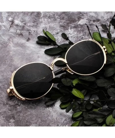 Steampunk Round Sunglasses Women Retro Metal Oval Vintage Sun Glasses for Men - Gold With Black - CJ18SQ67YDT $5.88 Oval