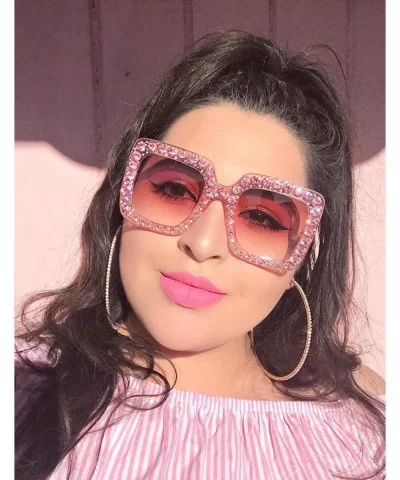 Women Rhinestone Sunglasses Oversized Square Gradient Lens - Pink - C7199L9UTWG $8.15 Oversized