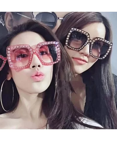 Women Rhinestone Sunglasses Oversized Square Gradient Lens - Pink - C7199L9UTWG $8.15 Oversized