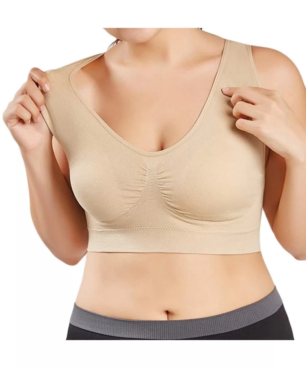 Women V-Neck Stretch Wire Free Plus Size Bra Yoga Sports Casual Workout Full Figure Crop Tops Sports Bras - Beige - CI18YEAIS...