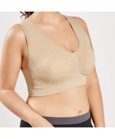 Women V-Neck Stretch Wire Free Plus Size Bra Yoga Sports Casual Workout Full Figure Crop Tops Sports Bras - Beige - CI18YEAIS...