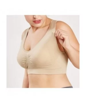 Women V-Neck Stretch Wire Free Plus Size Bra Yoga Sports Casual Workout Full Figure Crop Tops Sports Bras - Beige - CI18YEAIS...