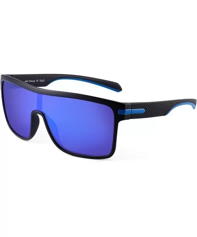 Polarized Shield Sunglasses Oversized Flat Top Square Glasses for Men - Black Frame / Polarized Flash Blue Lens - CU1934LO44S...