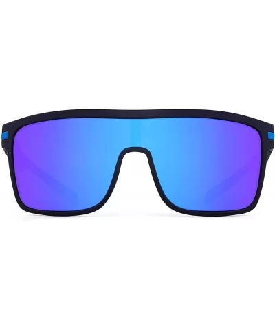 Polarized Shield Sunglasses Oversized Flat Top Square Glasses for Men - Black Frame / Polarized Flash Blue Lens - CU1934LO44S...