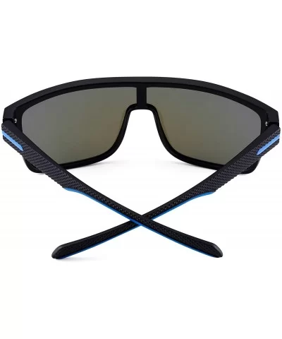 Polarized Shield Sunglasses Oversized Flat Top Square Glasses for Men - Black Frame / Polarized Flash Blue Lens - CU1934LO44S...