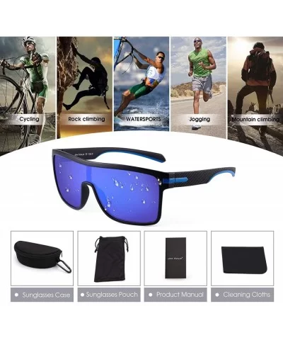 Polarized Shield Sunglasses Oversized Flat Top Square Glasses for Men - Black Frame / Polarized Flash Blue Lens - CU1934LO44S...