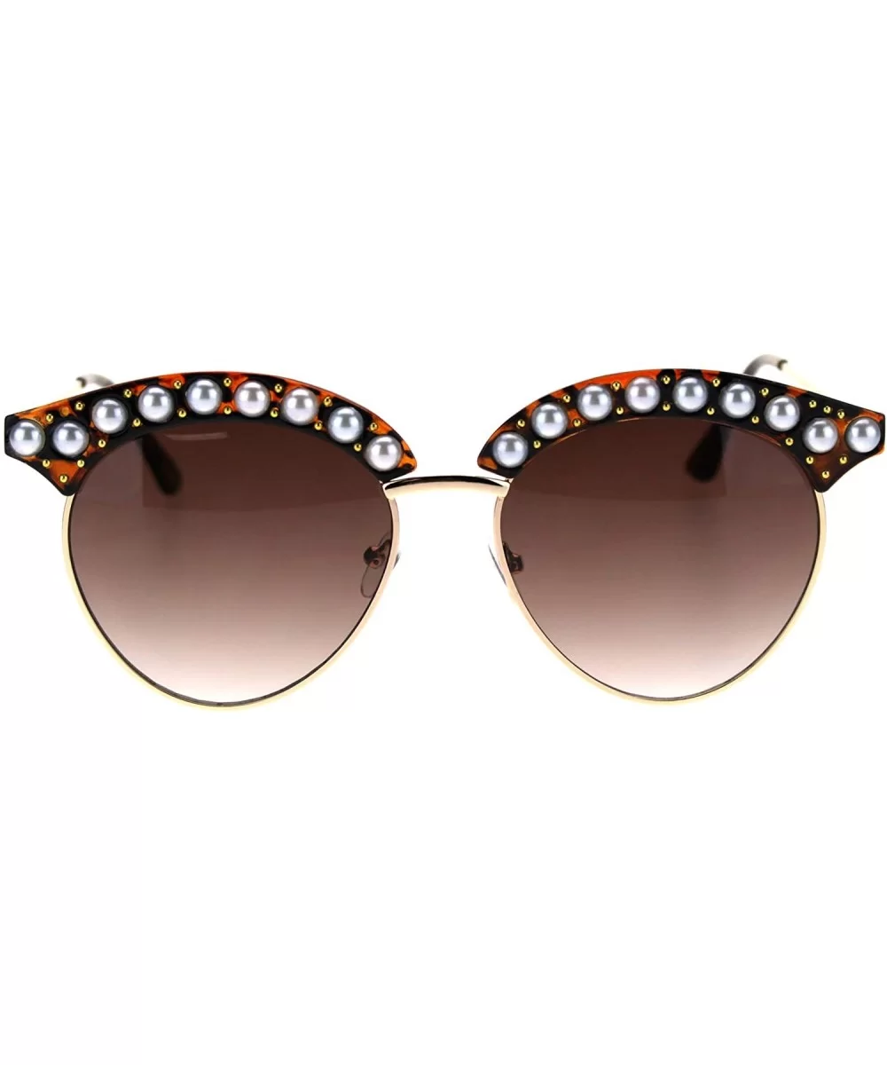 Womens Pearl Jewel Half Rim Chic Sunglasses - Tortoise Gold Brown - CK18T2RU0A3 $9.02 Round