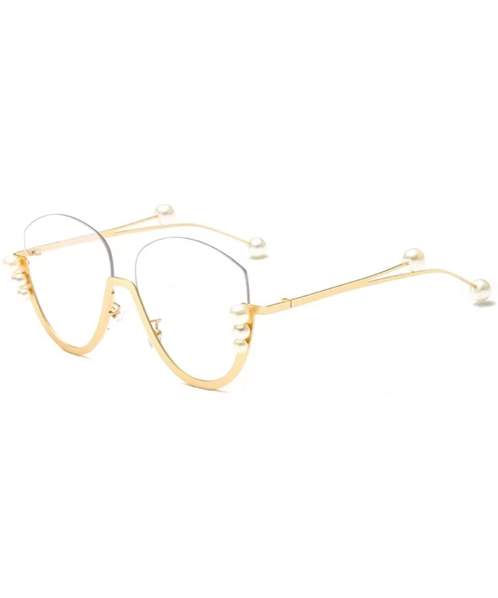 Fashion Pearl Cat Eye Sunglasses Ladies Metal Half Frame Sun Glasses For Women - Gold With Clear - CA18IM324D4 $9.36 Cat Eye