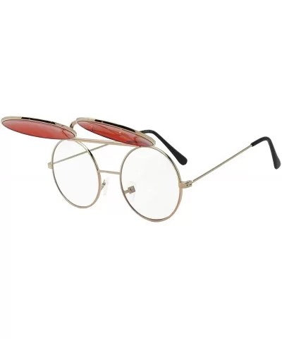 Round Colored Flip-Up Django Inspired Clear lens Sunglasses - Gold / Red Lens - C417YZY6ZNO $10.58 Oval