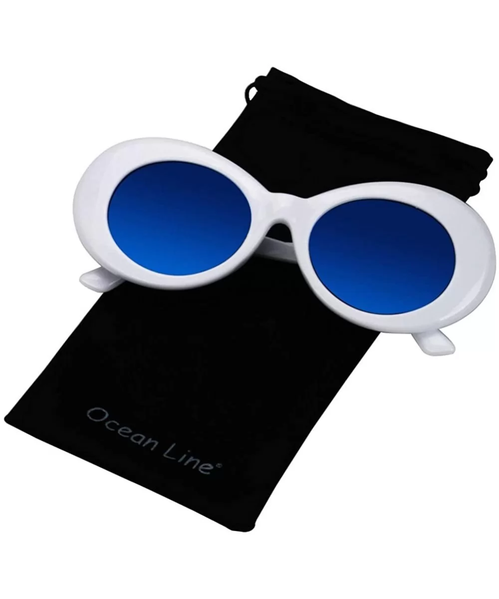 Bold Retro Oval Mod Thick Frame Sunglasses Round Lens Kurt Cobain Clout Goggles - White Blue - C518HLYGQQY $7.72 Round