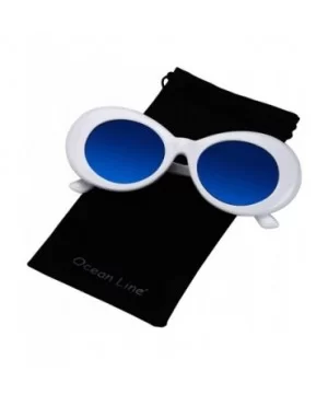 Bold Retro Oval Mod Thick Frame Sunglasses Round Lens Kurt Cobain Clout Goggles - White Blue - C518HLYGQQY $7.72 Round