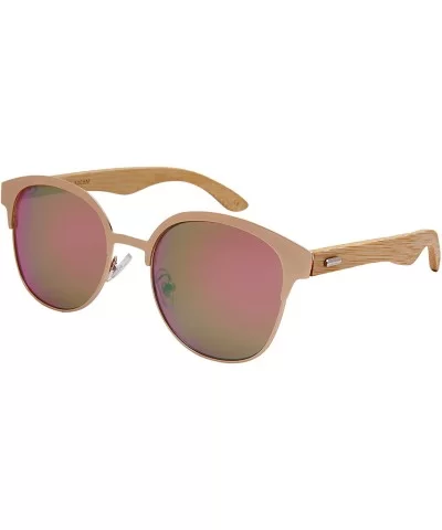 Round Horn Rimmed Bamboo Wooden Sunglasses Women Mirror Lens 5110BM-REV - CX187D5T27L $11.90 Wayfarer