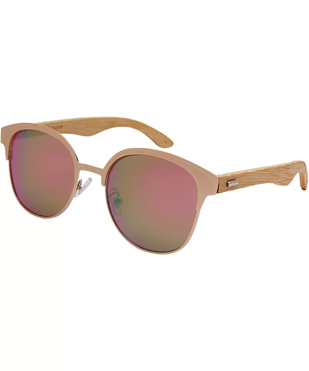 Round Horn Rimmed Bamboo Wooden Sunglasses Women Mirror Lens 5110BM-REV - CX187D5T27L $11.90 Wayfarer