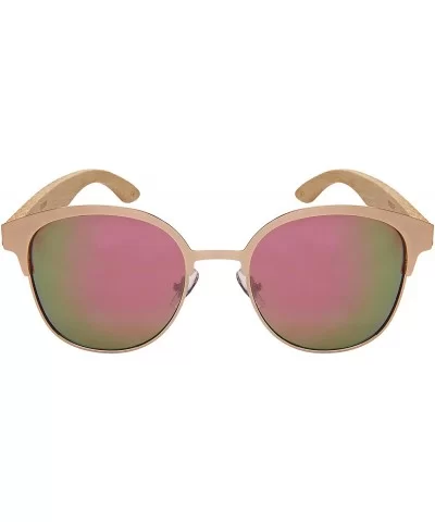 Round Horn Rimmed Bamboo Wooden Sunglasses Women Mirror Lens 5110BM-REV - CX187D5T27L $11.90 Wayfarer