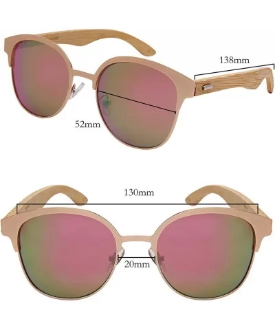 Round Horn Rimmed Bamboo Wooden Sunglasses Women Mirror Lens 5110BM-REV - CX187D5T27L $11.90 Wayfarer