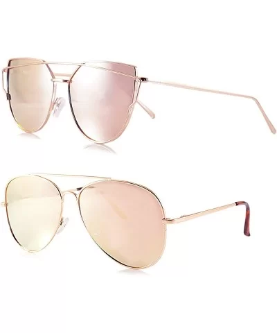 Single or 2 Pack Pink Mirrored Flat Lens Sunglasses Women (2 Pack/Cross Bar Cat - Eye & Pilot - 52-63) - CM18687H4XT $12.52 C...