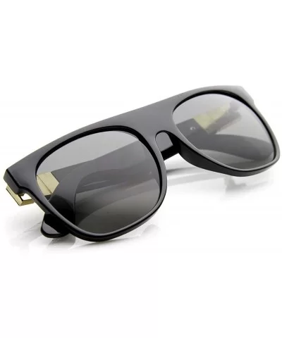 Retro Metal Accent Faux Leather Temple Flat Top Sunglasses - Shiny-black-gold Smoke - C211YEJ71HZ $6.19 Wayfarer