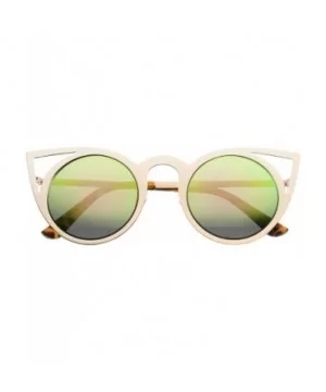 Womens Fashion Round Metal Cut-Out Flash Mirror Lens Cat Eye Sunglasses - Gold / Pink Green Mirror - CV128PMCYAJ $6.71 Cat Eye