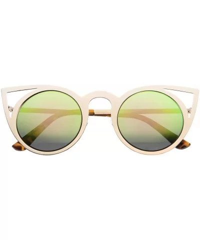 Womens Fashion Round Metal Cut-Out Flash Mirror Lens Cat Eye Sunglasses - Gold / Pink Green Mirror - CV128PMCYAJ $6.71 Cat Eye