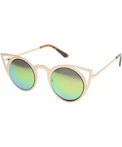 Womens Fashion Round Metal Cut-Out Flash Mirror Lens Cat Eye Sunglasses - Gold / Pink Green Mirror - CV128PMCYAJ $6.71 Cat Eye