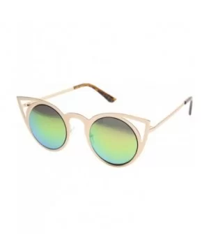 Womens Fashion Round Metal Cut-Out Flash Mirror Lens Cat Eye Sunglasses - Gold / Pink Green Mirror - CV128PMCYAJ $6.71 Cat Eye