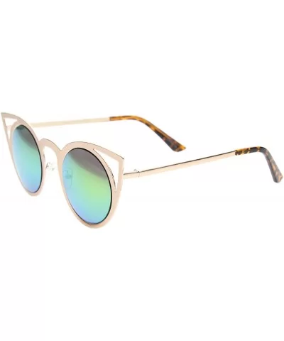 Womens Fashion Round Metal Cut-Out Flash Mirror Lens Cat Eye Sunglasses - Gold / Pink Green Mirror - CV128PMCYAJ $6.71 Cat Eye