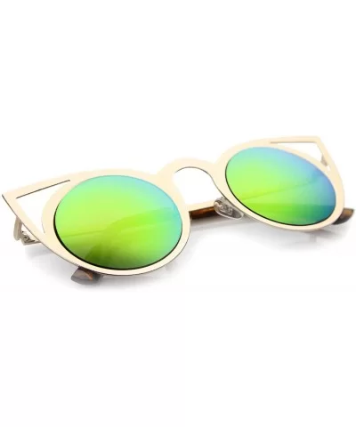 Womens Fashion Round Metal Cut-Out Flash Mirror Lens Cat Eye Sunglasses - Gold / Pink Green Mirror - CV128PMCYAJ $6.71 Cat Eye