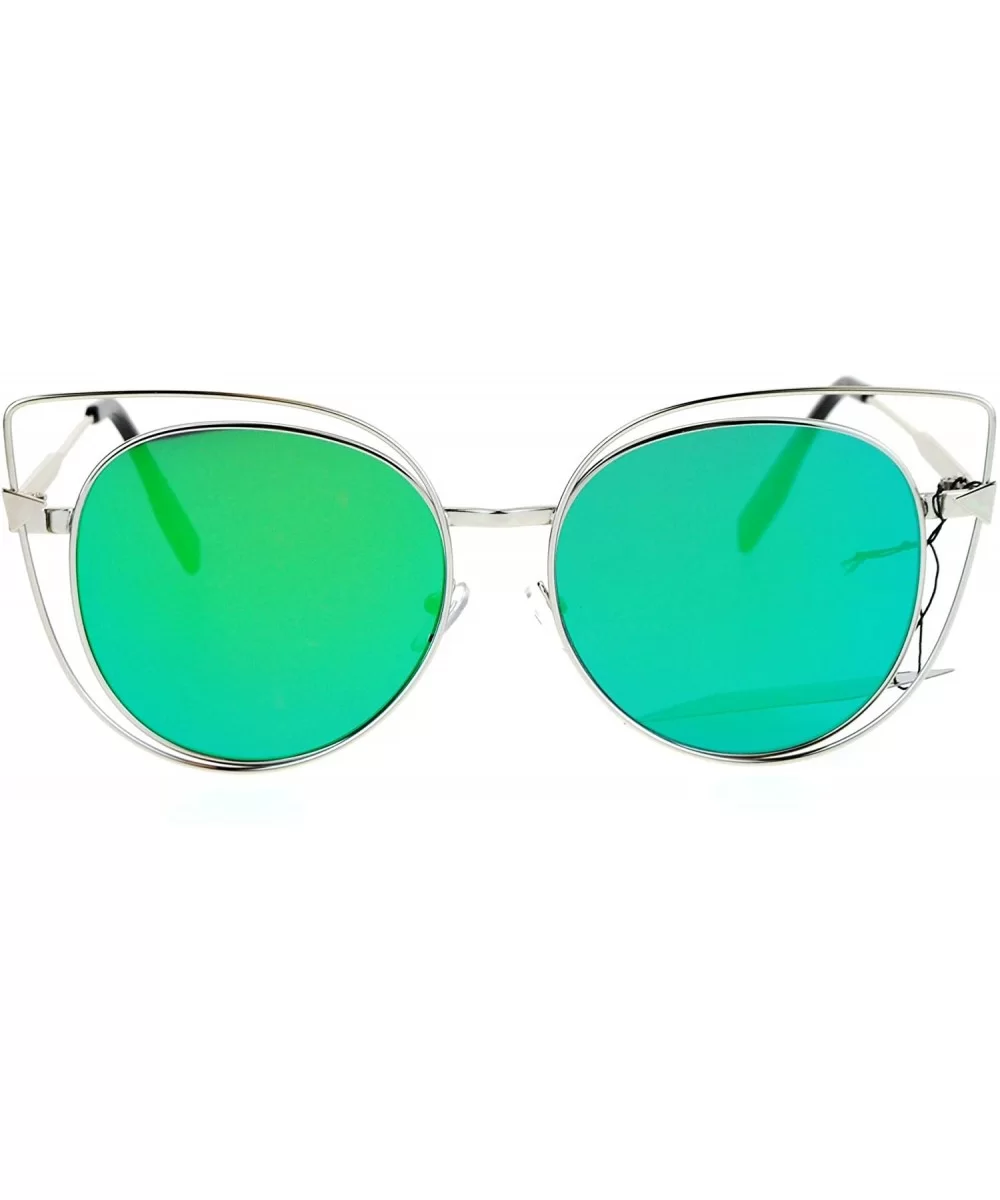 Color Mirror Flat Lens Wire Rim Large Cat Eye Sunglasses - Silver Green - CB12O8EWKI1 $9.64 Cat Eye