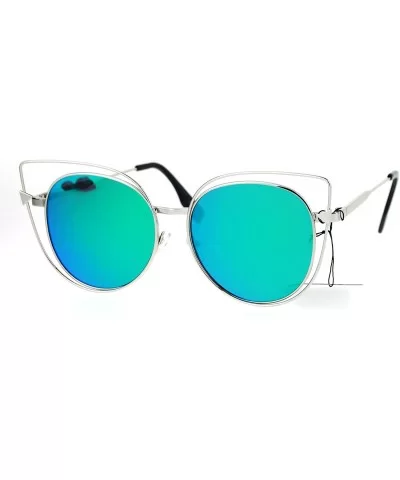 Color Mirror Flat Lens Wire Rim Large Cat Eye Sunglasses - Silver Green - CB12O8EWKI1 $9.64 Cat Eye