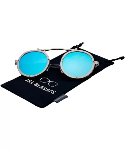 Vintage Round Steampunk Sunglasses Metal Frame For Men or Women 1762 - Silver-blue - C1186X02ON3 $8.72 Round