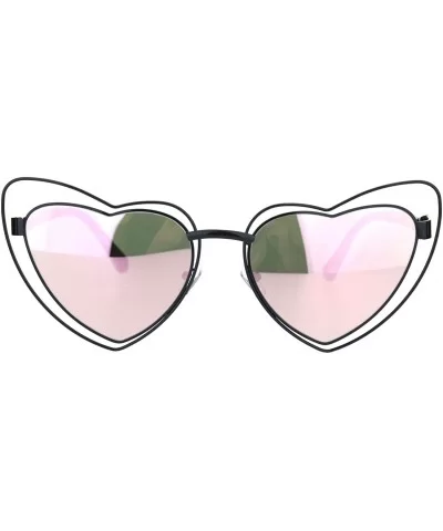 Womens Double Metal Wire Rim Heart Shape Cat Eye Sunglasses - Black Pink Mirror - CO18OWZMYN8 $11.16 Cat Eye