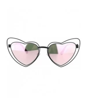 Womens Double Metal Wire Rim Heart Shape Cat Eye Sunglasses - Black Pink Mirror - CO18OWZMYN8 $11.16 Cat Eye