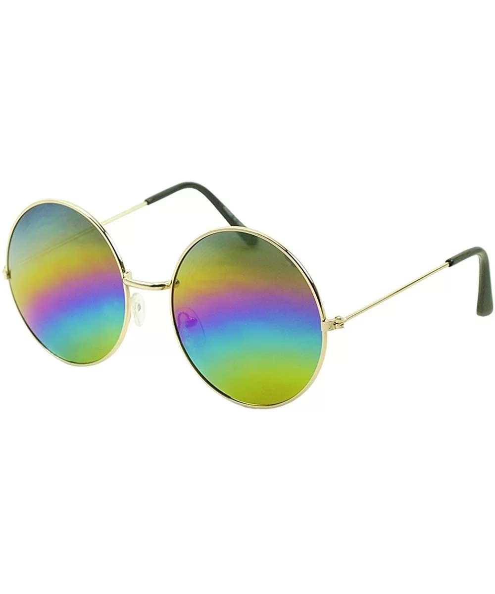 Men Women Round Sunglasses Oversized Flat Color Lens Crystal Colorful Frame Fashion Shades - Gold/Rainbow Mirror - CD183G889Z...