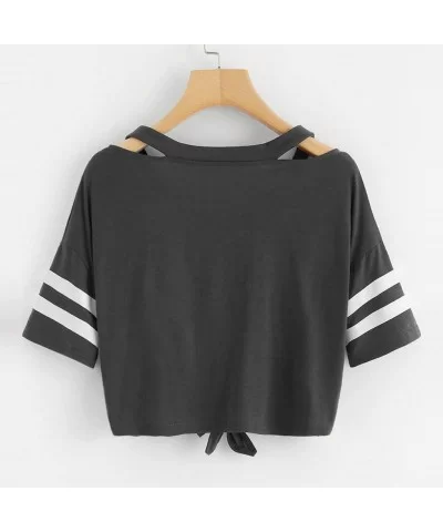 Short T-Shirt Short Sleeve Summer Women Tops Ladies Crop V Neck Casual Tops Front Knotted Hem Blouse - Gray - CO18RYTRGUD $8....