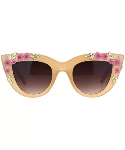 Womens Bling Metal Floral Jewel Thick Plastic Cat Eye Mod Sunglasses - Dark Beige - C118LYCRHLC $7.00 Oversized