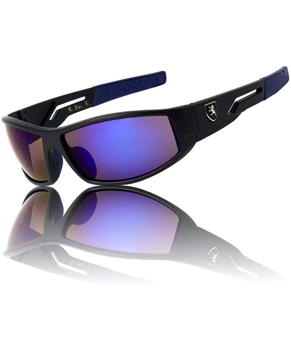 Rectangular Curved Lens Temple Cut Out Sports Sunglasses - Blue Black - CZ199H2ALG8 $11.62 Rectangular