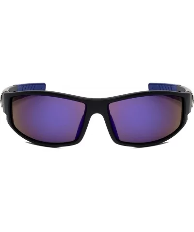 Rectangular Curved Lens Temple Cut Out Sports Sunglasses - Blue Black - CZ199H2ALG8 $11.62 Rectangular