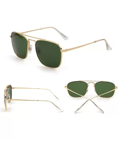 Retro Square Aviator Sunglasses Premium Glass Lens Flat Metal Eyewear Men Women - Gold / Green - CL18CO09XL5 $13.84 Oversized