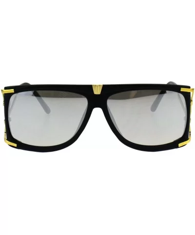 Mens Designer Style Sunglasses Gold Accents Square Rectangular Shades - Matte Black (Silver Mirror) - CM18H4H8NEU $7.07 Recta...