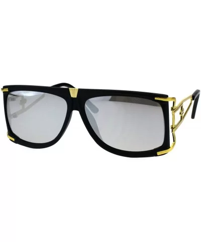 Mens Designer Style Sunglasses Gold Accents Square Rectangular Shades - Matte Black (Silver Mirror) - CM18H4H8NEU $7.07 Recta...