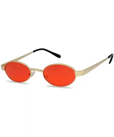 Small 1990's Retro Narrow Oval Color Tinted Sunglasses Slim Metal Shades - Gold Frame - Red - CC18EGSZKMK $6.18 Goggle